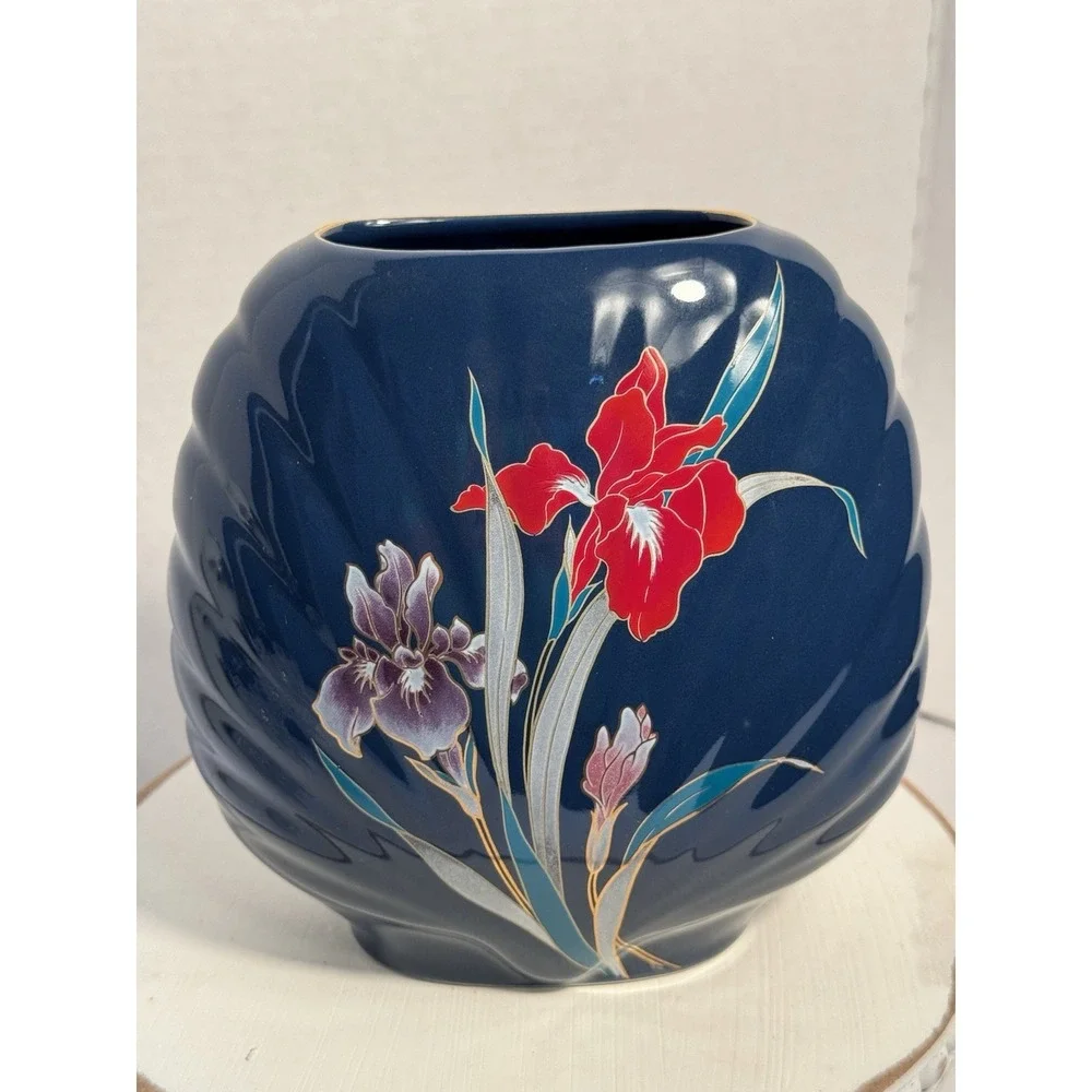 Vintage Japanese Fine China Vase Blue with Iris‎ Flowers Gold Trim–Made in Japan